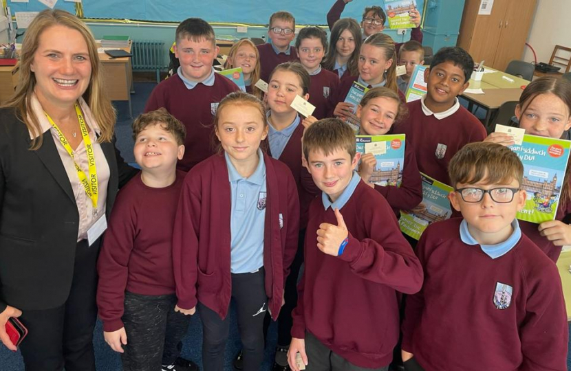 Local MP Virginia Crosbie with Ysgol Llanfawr Year 6 students